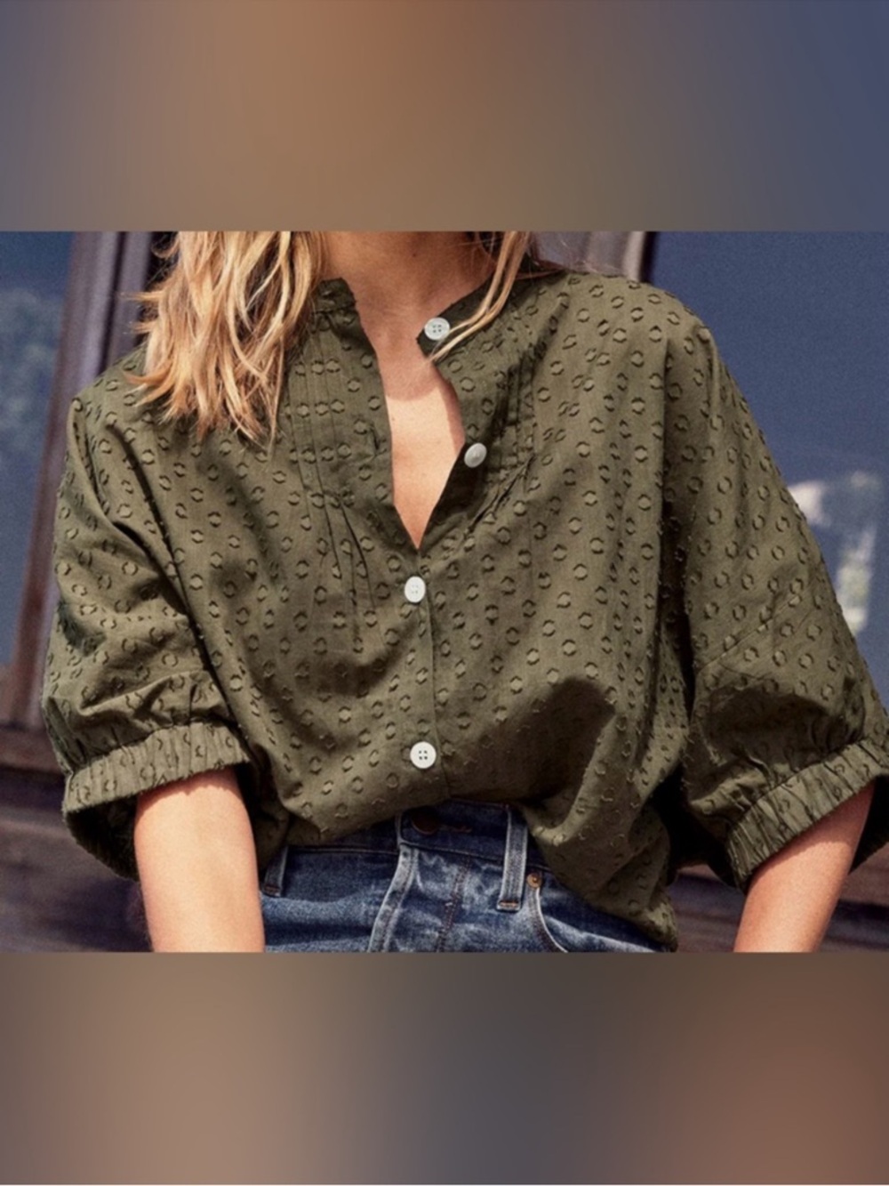 Emerson Fry India Collection Mandarin Olive Green Swiss Dot Oversized Blouse